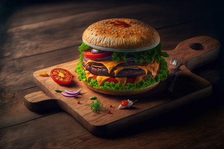 a close up of a wonderful home made burger on a wooden tableの素材