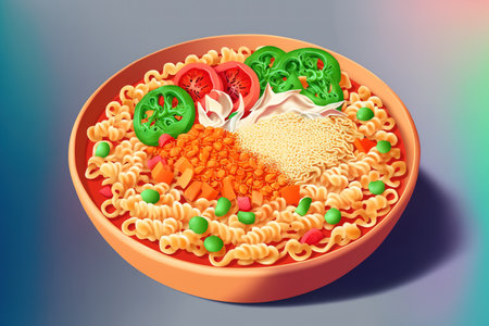 a dish of instant noodles with carrot, tomatoes, and onionの素材