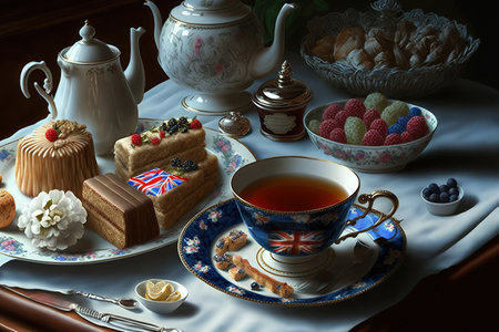 a lovely afternoon tea service in England including sweets and nibblesの素材