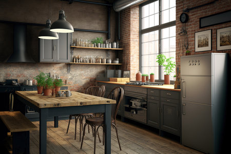 a loft kitchen with an industrial aestheticの素材