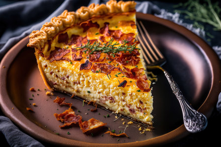 a close up of a bacon and cheddar quiche with a hash brown crust, one piece on a cake spatula, is shown on a black dishの素材
