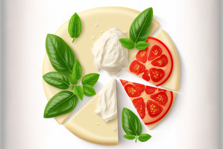 a few mozzarella pieces basil leaves and buffalo cheese. Sliced cheese and tomatoes in top view, isolated on whiteの素材