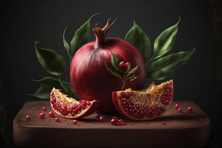 a dark background with a ripe pomegranate and leaves on a wooden boardの素材