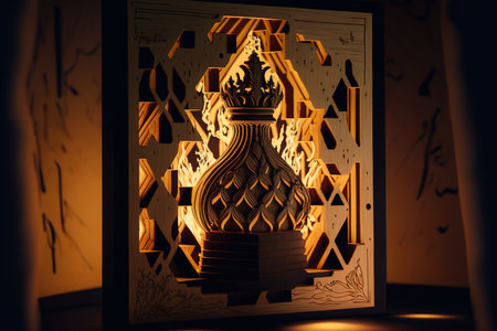 a laser cut plywood chess bishop sign with a metal honeycomb backdrop inside a laser engraving machineの素材