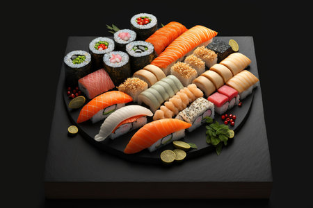 a large array of sushi on a slate on a black background, featuring a variety of rolls, nigiri, and makiの素材