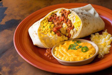 a dish of salsa topped breakfast burritosの素材