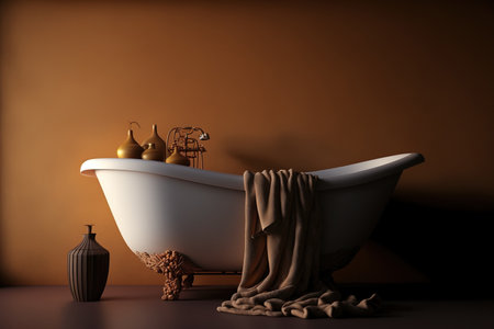a contemporary porcelain bathtub in a room with a brown wall and a towelの素材