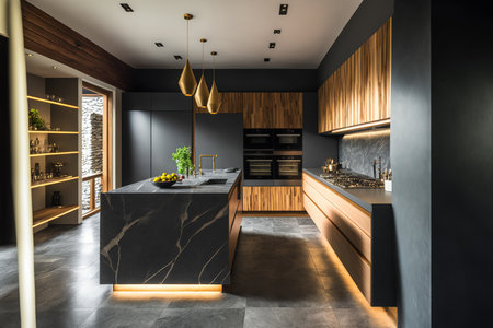 a large, contemporary kitchen with a free standing island. The kitchen combines bright wooden fronts with a gray stone countertop, all of which are illuminated artificially at night. illustrの素材