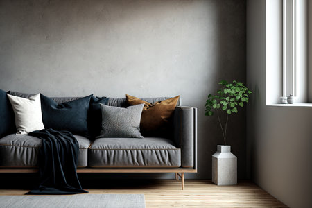 a living area with a grey leather couch, wood floors, and a concrete wallの素材