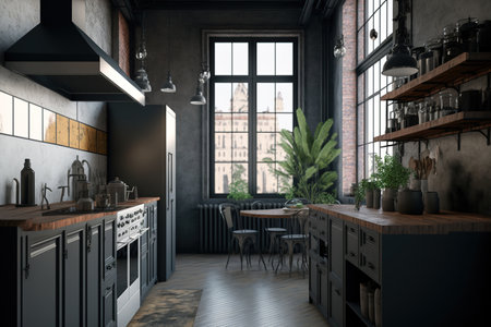 a loft kitchen with an industrial style interiorの素材