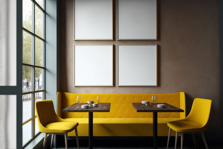 A realistic group of four empty photo frames with blank backgrounds are mounted on the wall of a modern restaurant with a chic mustard yellow bench sofa by the window, wooden tables, and chairs. Posteの素材
