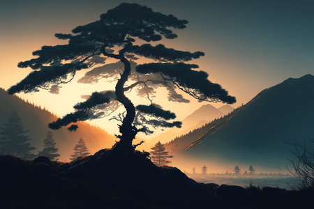 A misty dawn via a silhouette of a pine tree in the highlandsの素材
