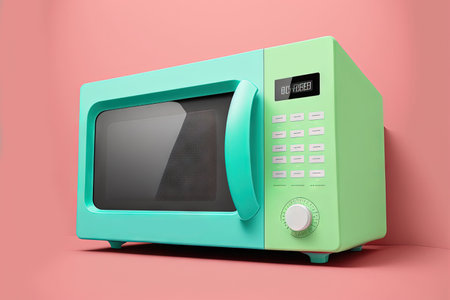 A realistic mock up of a colorful microwave oven design with a front view photo and a green and blue background is shownの素材