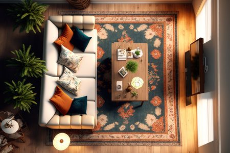 Above view of a living room with a cozy sofa and fashionable rugの素材
