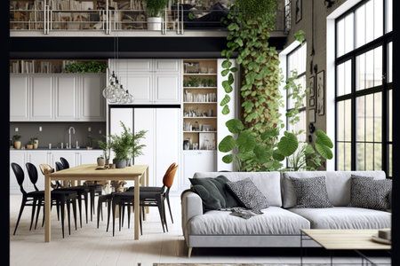 A multipurpose loft with an open dining and living areaの素材