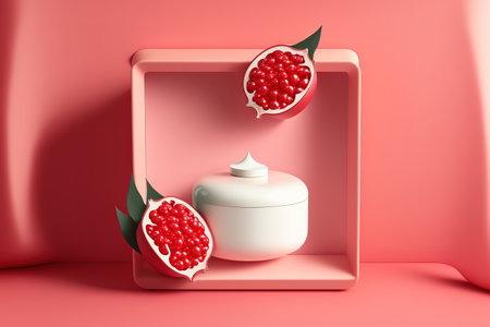 A pink background with an empty geometric podium holding a cosmetic product with pomegranate seed extract. Pomegranate extract in red. Flatlayの素材