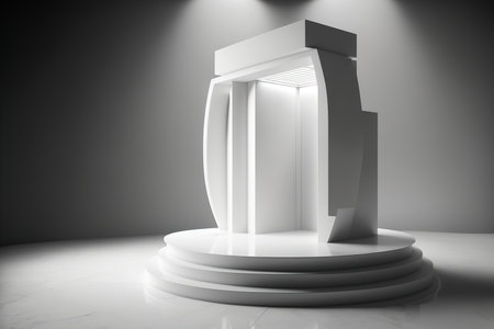 A podium or stage with a white futuristic background is empty. Interior design idea for the future. a base for designの素材