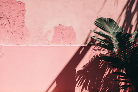 A pink wall shadow and light overlay in an empty space creates a minimalistic aestheticの素材