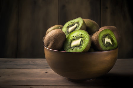 A vertical image of a bowl with fresh kiwi slices on a wooden tableの素材
