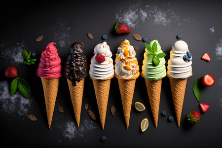 A variety of ice cream flavors are laid up in cones over a dark stone background, including blueberry, strawberry, pistachio, almond, orange, and cherry. Menu idea for summer and dessertの素材