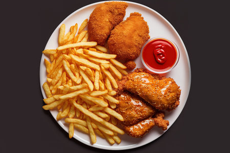 A supper of fried chicken, fries, and chicken nuggets is unhealthy and junk foodの素材