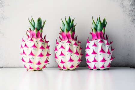 A white background is used to isolate three dragonfruits in a row. horizontal photo Lay flat. Picture has copy spaceの素材