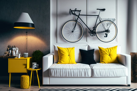 A white couch with cushions, yellow carpet, coffee table fashioned from a wooden chest, and a white, trendy bicycle are all features of a contemporary room interiorの素材