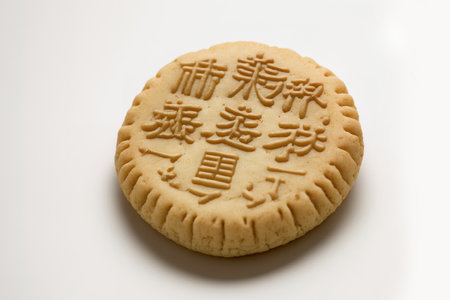 A single Chinese cookie with a wish is seen on a white backgroundの素材