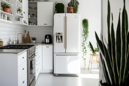 A vertical perspective of a refrigerator, a gas stove, a cooking hood, a built in oven, kitchenware on shelves, and green plants are seen in the kitchen of a modern house with white interior decorの素材