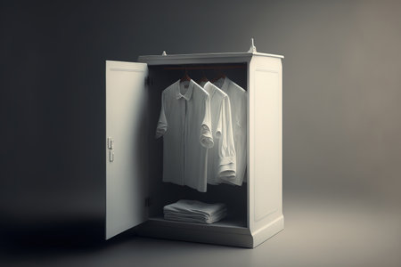 A white cabinet has a set of white, freshly ironed garments hanging on hangersの素材