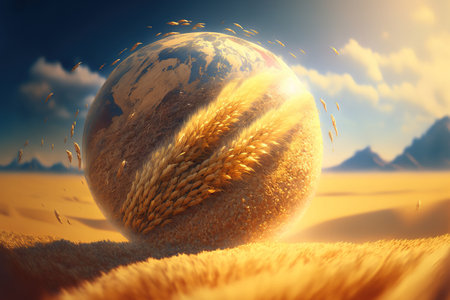 A small globe and grain of wheat. harvest, export, import, and drought in warm nations. scarcity of bread. the space barの素材