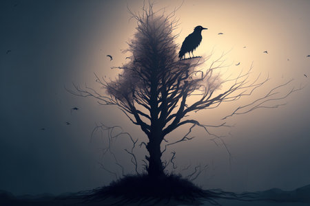 A silhouette of a tree with slender black branches and a black crow in winterの素材