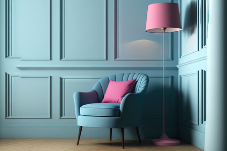 A traditional room features a floor lamp with copy space and a pink armchair. Parquet flooring, blue walls with mouldings. Electronic illustrationの素材