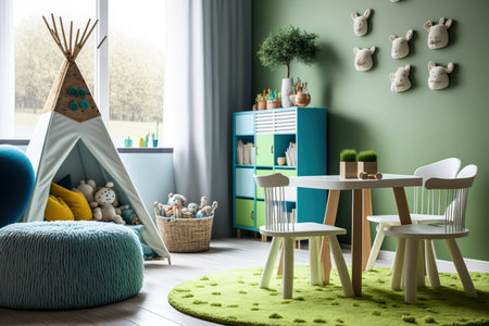 A trendy playroom with toys and contemporary wooden furnishingsの素材