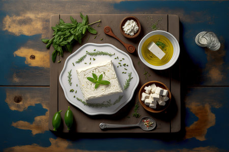 A white wooden table in a flat lay arrangement with a bowl of pickled feta cheese on itの素材
