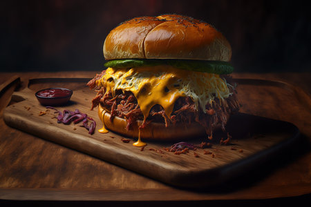 a pulled pork burger with picles, melted cheese, and dripping grease on a dark, wooden plateの素材