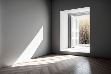 a parquet floor and gray walls as a backdrop In a room with a 3D created window that allows sunlight to enter,の素材