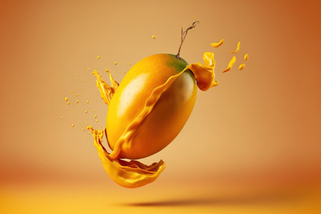 A young, ripe mango is falling through the air on a yellow background. Concept of levitating food. high quality pictureの素材
