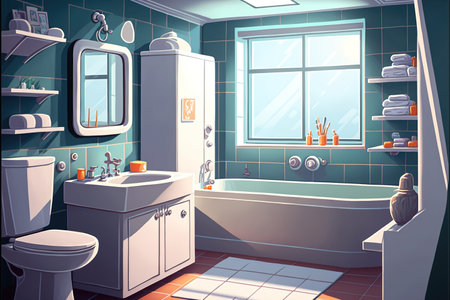 a modern, spacious bathroom with white fixtures and a bathroom mirrorの素材