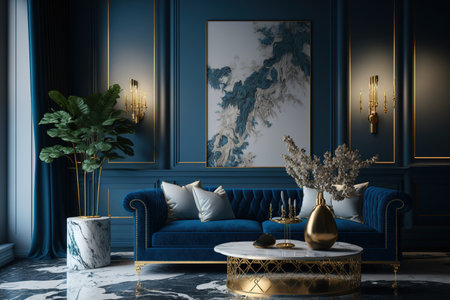 a monochromatic blue living area with a sofa, marble tables, and golden accentsの素材