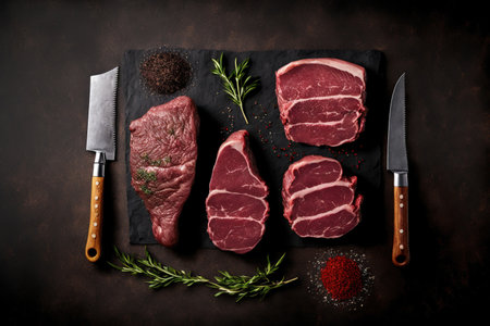 a selection of raw Black Angus Prime steaks Copy space for a machete, blade on a bone, striploin, rib eye, and tenderloin fillet mignonの素材