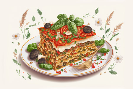 a slice of vegetarian lasagna with tomatoes, basil, and mushroomsの素材