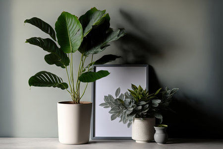 a potted green plant on a tableの素材