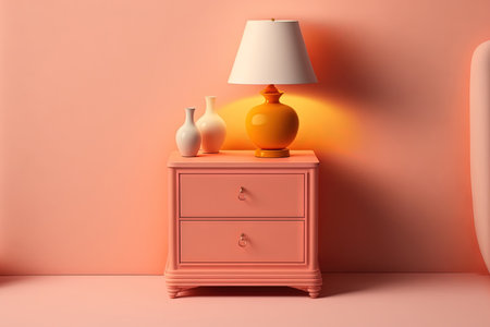 a pinkish orange background with a monochromatic nightstandの素材