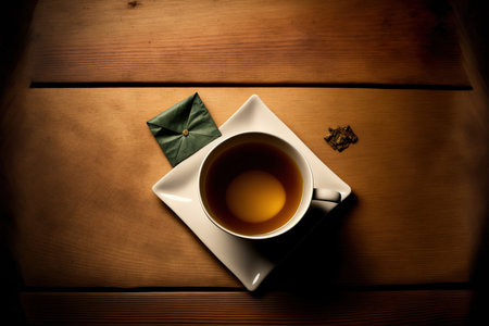 a tea cup with a tea bag in the top view on a wooden tableの素材