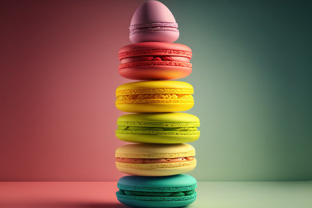 a tower of colorful macaroons in pistachio, raspberry, and lemon tastes. Retro styled creative advertising for a macaron product. The spotlight is on French biscuit macaroon cookiesの素材