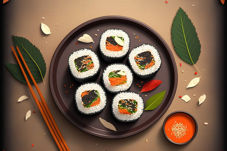 a top view Korean cuisine video Traditional Korean cuisine known as kimbap, which is composed of rice, carrot, lettuce, sesame seeds, and beef that has been marinated. Asian cuisine that is halalの素材