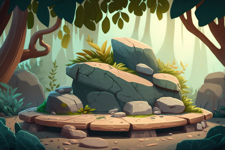 a stone product display platform with a background of hazy foliage in natureの素材