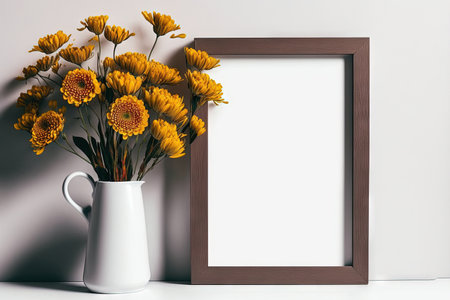 a white background and a brown wooden photo frame with yellow flowers. Hello, card for fall. Mockup with interior design for a home and text space. Beautiful scenery, retro colors, and a minimalist deの素材