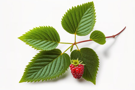 a twig with leaves on a raspberry, isolated on a white backgroundの素材